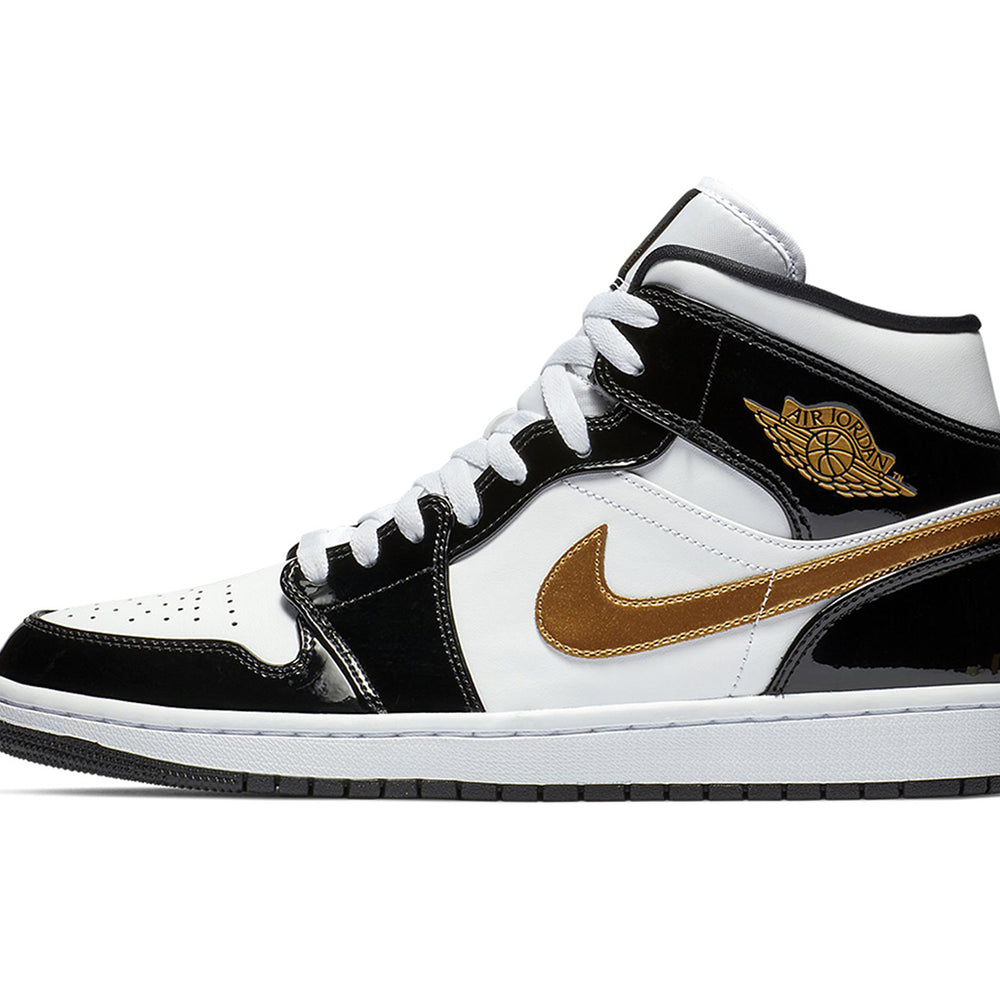 Air Jordan 1 Mid Patent Black White Gold