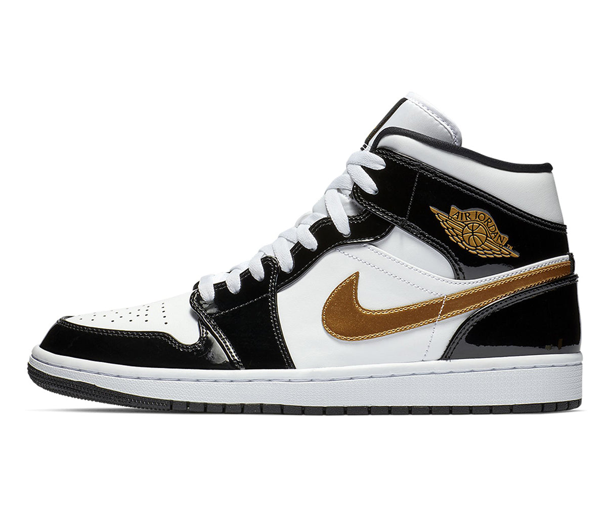 Air Jordan 1 Mid Patent Black White Gold